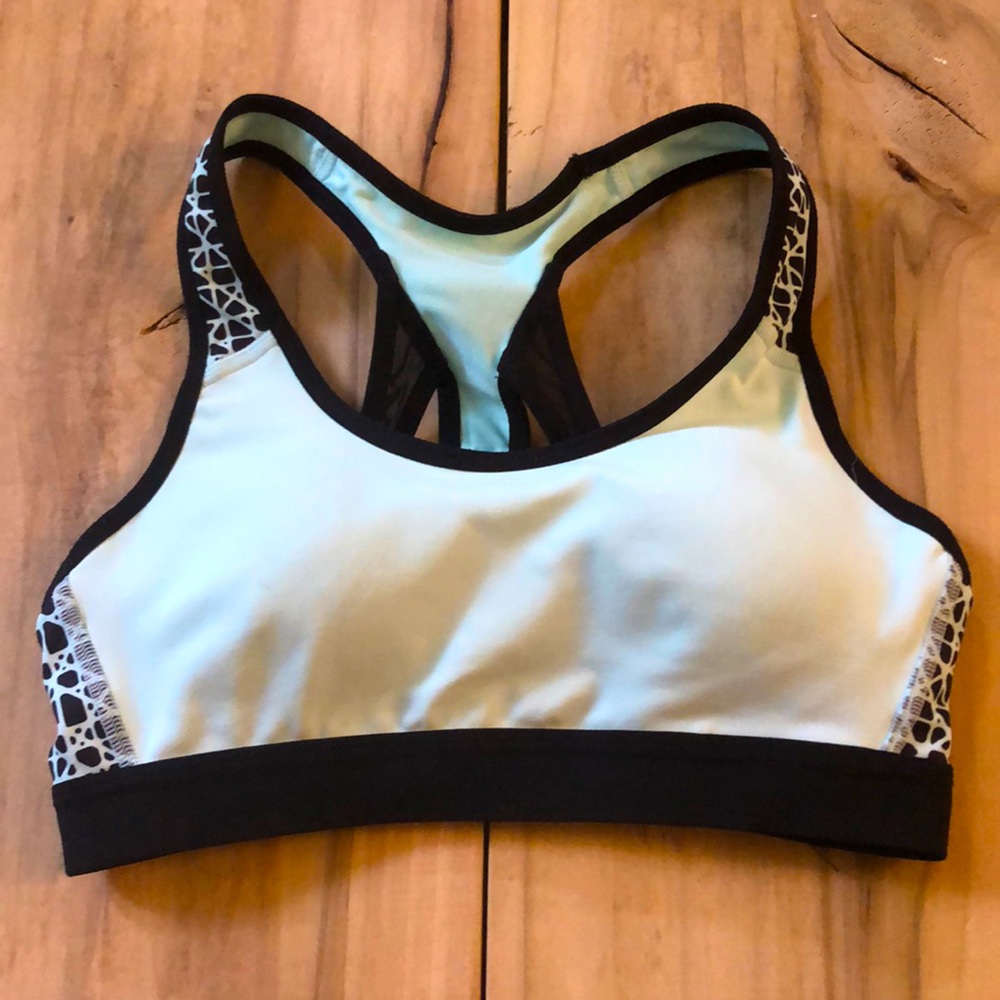 aqua blue patterned sports bra